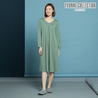 【YVONNE 以旺傢飾】暖薑纖維 素面長袖洋裝(高地綠)