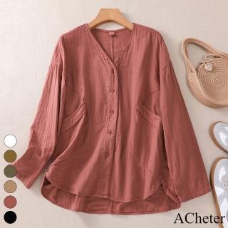 【ACheter】復古襯衫文藝雙層棉紗襯衣氣質長袖寬鬆純色百搭外罩短版上衣#119335(6色)