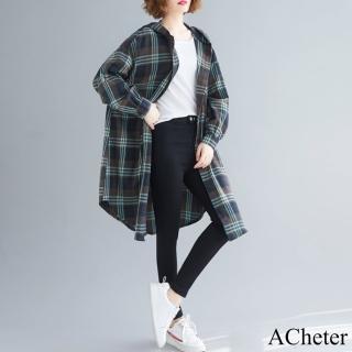 【ACheter】長款韓版文藝寬鬆連帽大碼格子長袖襯衫外罩上衣#119321(格子)
