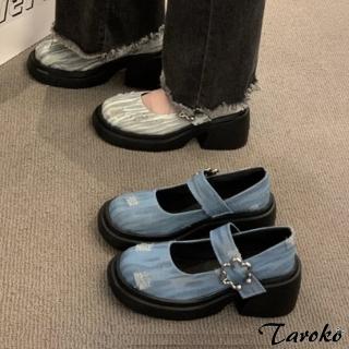 【Taroko】復古潮流牛仔布皮帶扣厚底粗跟休閒鞋(2色可選)