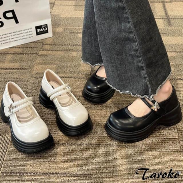 【Taroko】氣質提升蝴蝶魔鬼氈圓頭粗跟鞋(2色可選)