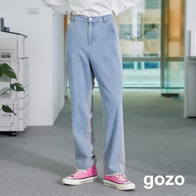 【gozo】微刷破牛仔拚針織長褲(兩色)