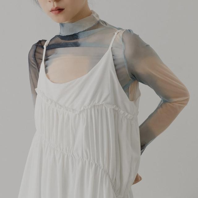 【Queenshop】女裝 長袖 特殊暈染造型透膚高領上衣-藍 現+預 01097699