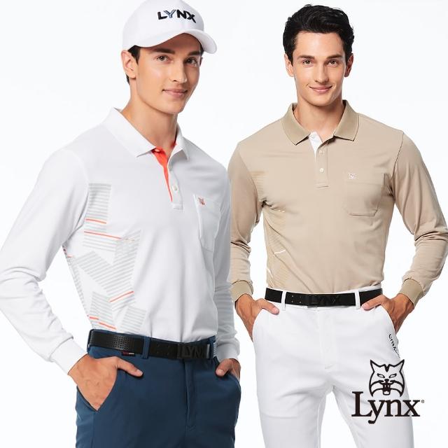 【Lynx Golf】男款吸溼排汗抗UV羅紋領造型邊Lynx印花設計胸袋款長袖POLO衫(二色)