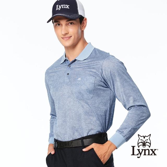 【Lynx Golf】男款歐洲進口布料純棉絲光花卉圖樣造型胸袋款長袖POLO衫(藍色)