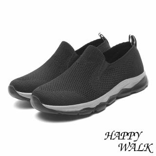 【HAPPY WALK】厚底休閒鞋/超輕量透氣一體成形飛織面休閒健步鞋-男鞋(黑)