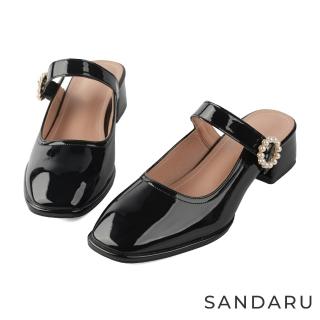 【SANDARU 山打努】穆勒鞋 珍珠釦飾真皮瑪莉珍跟鞋(黑)