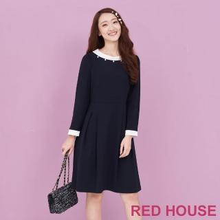 【RED HOUSE 蕾赫斯】氣質珍珠翻領拼色洋裝(深藍色)