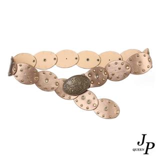 【Jpqueen】復古壓花金屬鉚釘橢圓扣女用皮帶腰帶(棕色)
