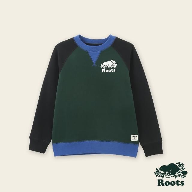 【Roots】Roots大童-絕對經典系列 海狸LOGO拼接設計圓領上衣(深綠色)