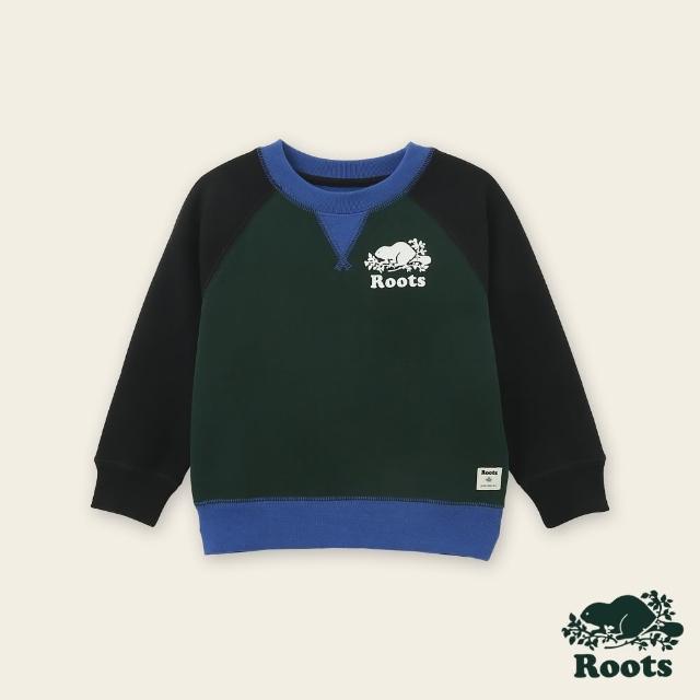 【Roots】Roots小童-絕對經典系列 海狸LOGO拼接設計圓領上衣(深綠色)