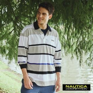 【NAUTICA】Nautica男裝 COMPETITION落肩微寬版撞色條紋長袖POLO衫(灰)