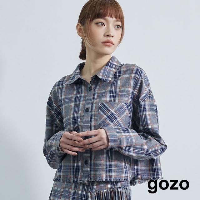 【gozo】格紋抽鬚短版長袖襯衫(灰色)