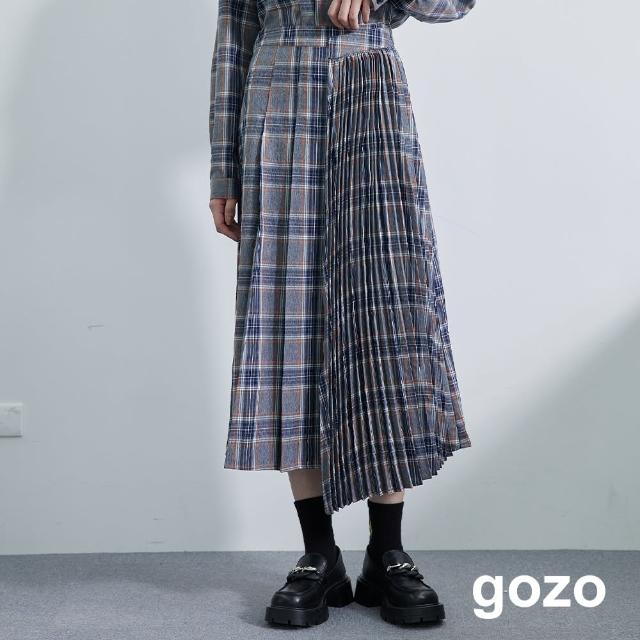 【gozo】格紋混搭造型百褶裙(灰色)