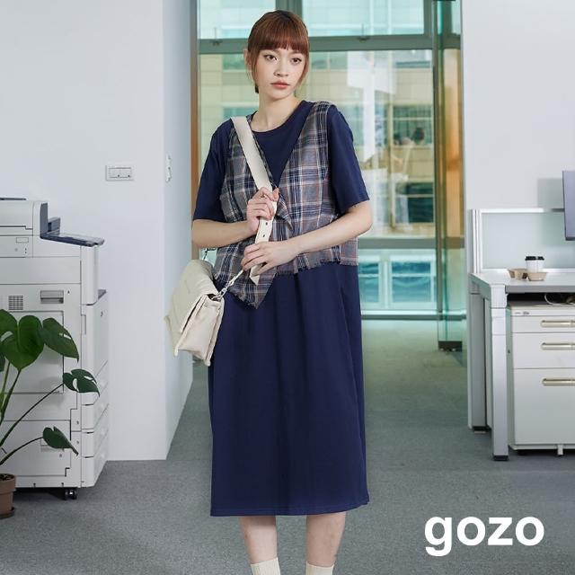 【gozo】格紋背心兩件式造型洋裝(深藍)