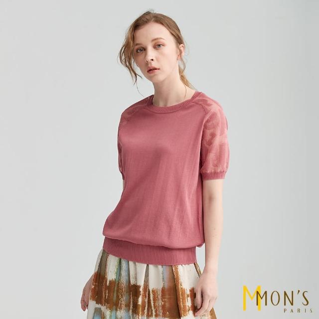 【MON’S】蕾絲短袖拼接冰絲針織上衣