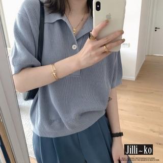 【JILLI-KO】夏季新款法式翻領薄款冰絲寬鬆上衣-F(白/藍)