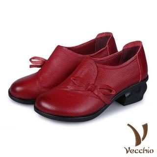【Vecchio】全真皮頭層牛皮側邊蝴蝶結飾深口粗跟樂福鞋(酒紅)