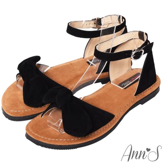 【Ann’S】水洗牛皮-甜美扭結寬版平底涼鞋(黑)