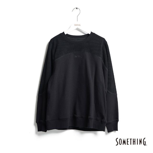 【SOMETHING】女裝 燈芯絨拼接設計厚長袖T恤(黑色)