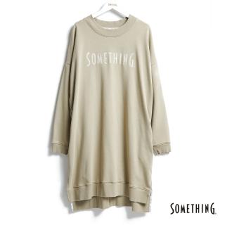 【SOMETHING】女裝 破壞LOGO電繡長版長袖T恤(淡綠色)