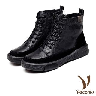 【Vecchio】真皮短靴 牛皮短靴/真皮頭層牛皮個性異材質拼接復古時尚短靴(黑)