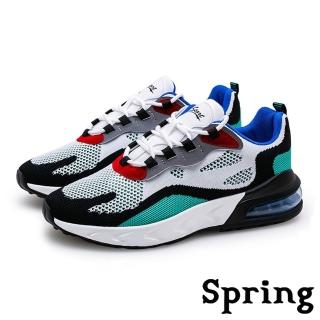 【SPRING】時尚撞色飛織反光飾條彈力氣墊個性運動鞋-男鞋(白藍)
