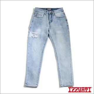 【IZZVATI】刷色方塊文字牛仔褲-藍(街頭時尚的雅痞單品)