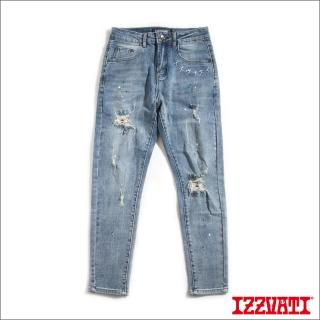 【IZZVATI】潑漆破洞刺繡牛仔褲-藍(街頭時尚的雅痞單品)