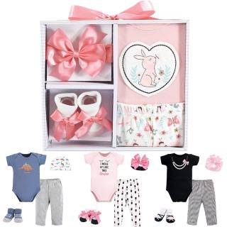 【Hudson Baby】彌月禮盒-嬰兒包屁衣長褲套裝禮盒組(新生兒寶寶襪髮帶頭花)