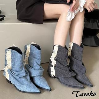 【Taroko】復古牛仔布皺褶流蘇尖頭粗跟短筒靴(2色可選)