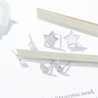 【Umi】一卡3對925純銀針微鑲鋯石星星月亮造型耳環(日韓時尚潮流耳飾耳針耳墜耳釘)