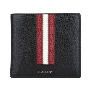 【BALLY】BALLY Teisel銀字LOGO防刮牛皮紅白紅直條紋4卡對開零錢短夾(黑)
