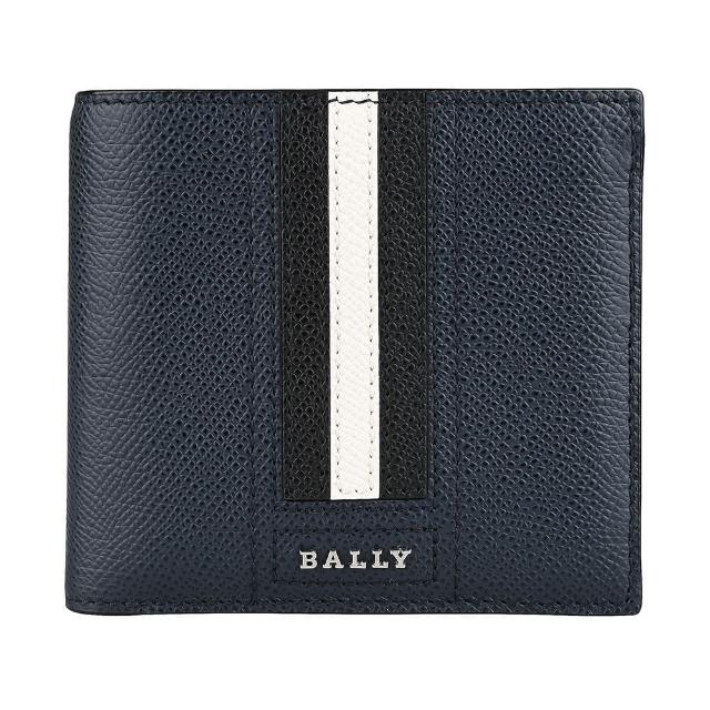 【BALLY】BALLY Trassai LT金屬銀字LOGO防刮牛皮直條紋設計8卡對開短夾(新藍)