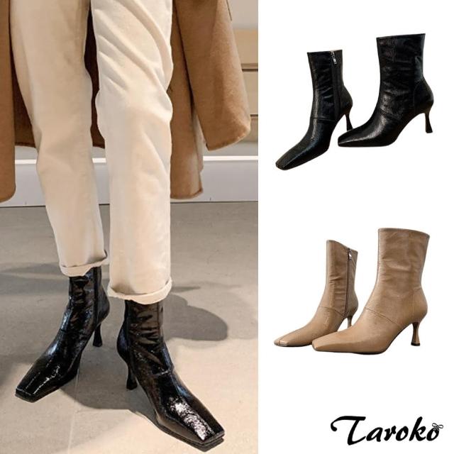 【Taroko】復古搭配漆皮方頭細高跟短筒靴(2色可選)