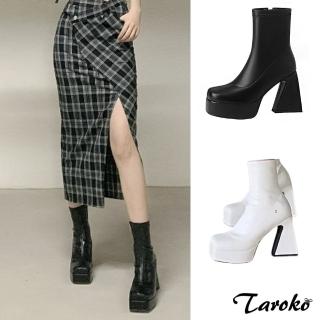 【Taroko】霸氣女主角圓頭粗高跟短筒靴(2色可選)