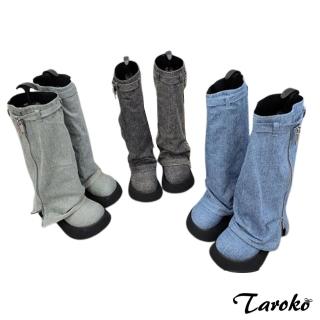【Taroko】青春布局牛仔布圓頭厚底長筒靴(3色可選)