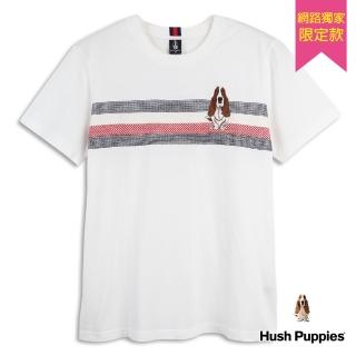 【Hush Puppies】男裝 T恤 十字線條刺繡棉質短袖T恤(白色 / 34111905)