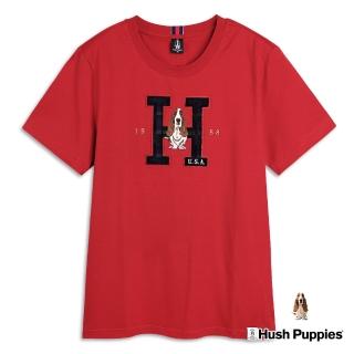 【Hush Puppies】男裝 T恤 經典H格紋刺繡狗短袖T恤(暗紅 / 34111104)