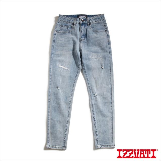 【IZZVATI】破壞造型刺繡牛仔褲-藍(街頭時尚的雅痞單品)