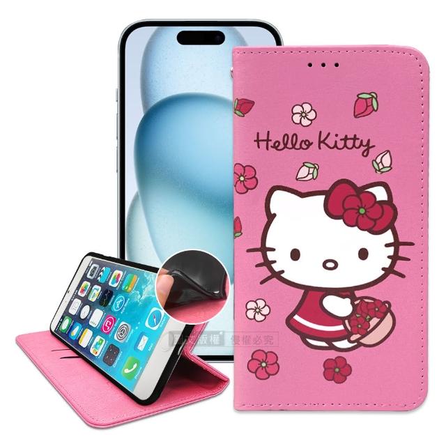 【SANRIO 三麗鷗】iPhone 15 6.1吋 Hello Kitty 櫻花吊繩款彩繪側掀皮套
