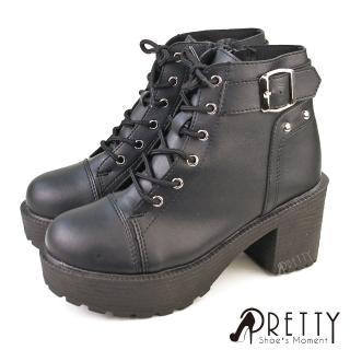 【Pretty】女 高跟短靴 馬丁靴 粗跟 防水台 綁帶 拉鍊 台灣製(黑色)
