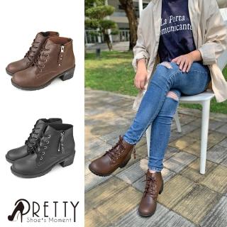 【Pretty】女鞋 短靴 馬丁靴 粗跟 側拉鍊 綁帶 台灣製(咖啡、黑色)