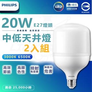 【Philips 飛利浦照明】2入組 20W LED中低天井燈泡(白光/黃光 E27燈頭 全電壓)