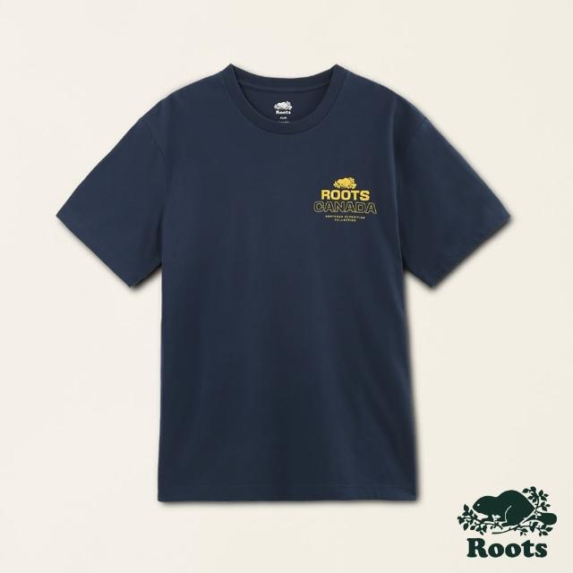 【Roots】Roots男裝-城市旅者系列 LOGO設計純棉短袖T恤(藍色)