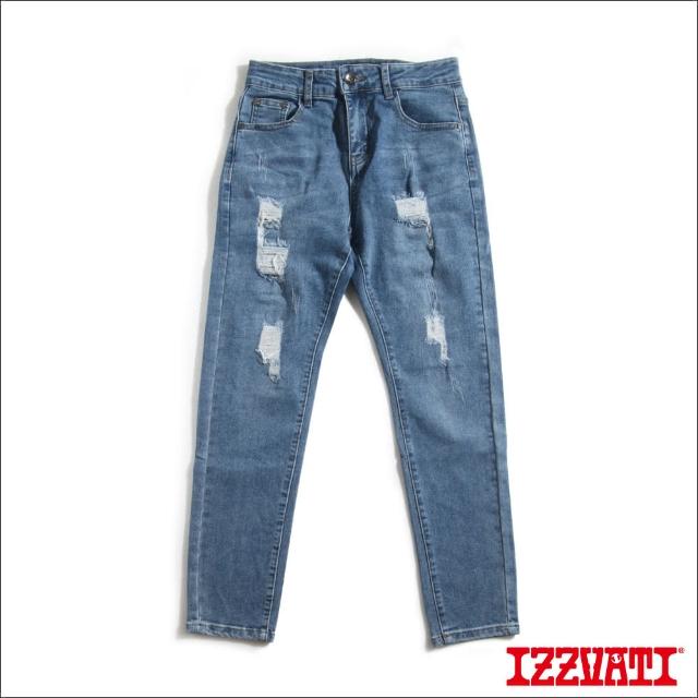 【IZZVATI】補丁破壞牛仔褲-藍(街頭時尚的雅痞單品)