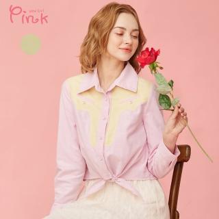 【PINK NEW GIRL】優美拼布下綁結長袖棉襯衫 N2208AD(2色)