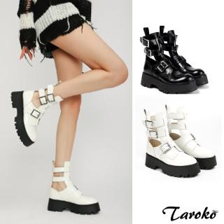【Taroko】甜甜春氛皮帶扣圓頭厚底短涼靴(2色可選)