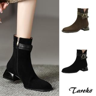【Taroko】復古質感絨面方頭拉鍊粗跟短筒靴(2色可選)