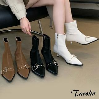 【Taroko】個性自我皮帶扣尖頭拉鍊細跟短筒靴(3色可選)